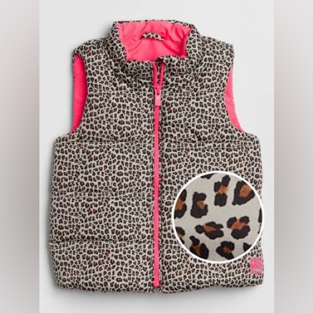 GAP Toddler Girls Leopard Print Puffer Vest with Pink Lining